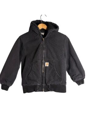 Carhartt Kids Black Hooded Canvas Jacket Quilted Insulated Size 10/12